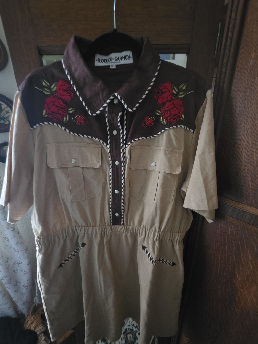 Rodeo Quincy Tan Mini Dress with Dark Brown Yoke and Red Rose Embroidery